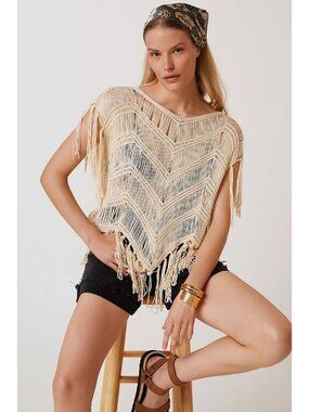 Ivory Crochet Fringe Poncho From Anthropologie